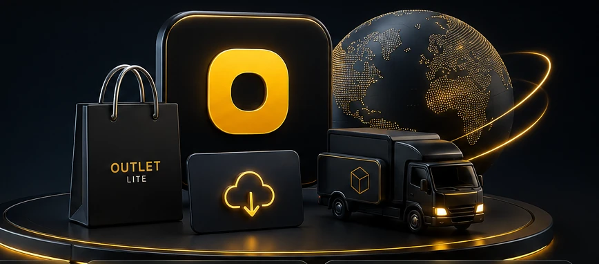 OutletLite 3D-Handelsszene: Markenzeichen, Einkaufstasche, digitaler Download, Lieferfahrzeug und globaler Marktplatz-Globus auf einem beleuchteten Podest.