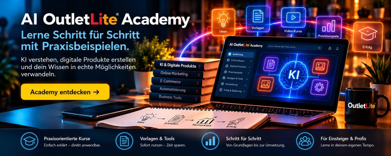 AI OutletLite Academy – KI lernen und digitale Produkte Schritt für Schritt erschaffen, mit praxisorientierten Kursen, Vorlagen und Tools.