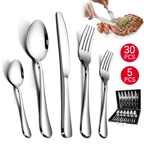 30-teiliges/5-teiliges Edelstahl-Besteck-Set – Premium Tafelservice für Küche und Esszimmer (Steakmesser, Gabel, Löffel)