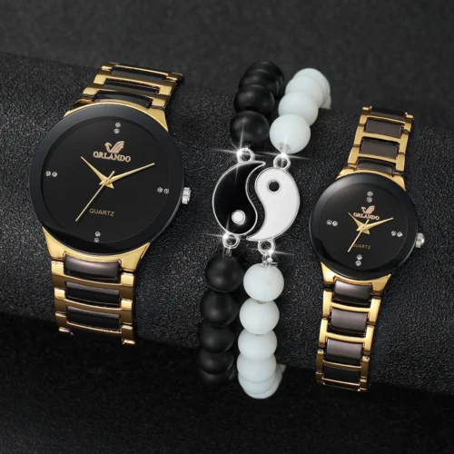 4-teiliges Partneruhren-Set – Edelstahl-Quarzuhren mit Strass & Armbändern für Paare – Elegant und stilvoll für besondere Anlässe