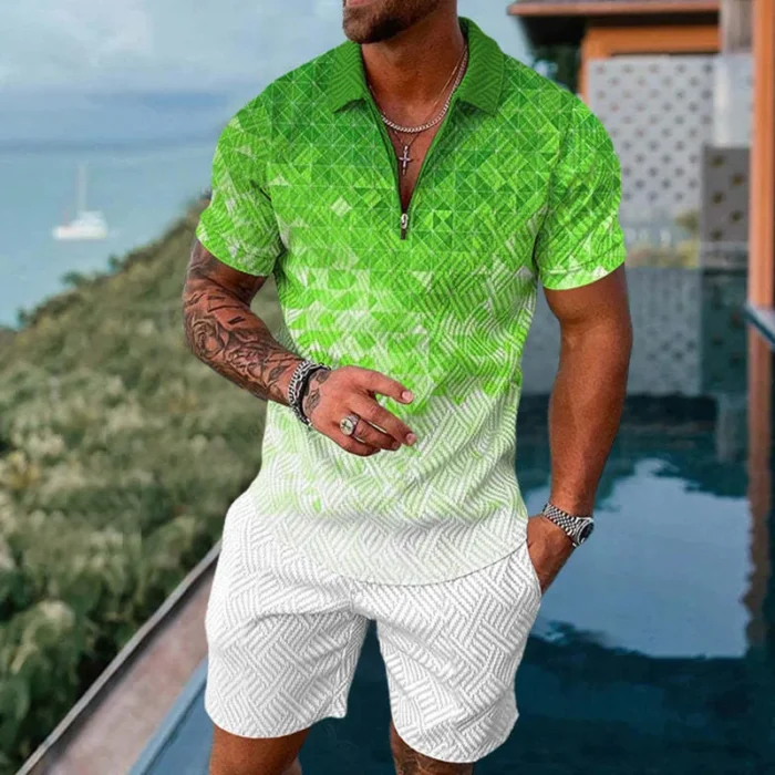 Mens gradient POLO sports suit, fashionable casual zipper shorts two-piece set, mens loose sweater,summer outdoor sportswear2025 – Bild 21