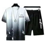 Gradient Color Letter Printed Men's Tracksuit Summer T Shirts And Shorts Two Piece Sets Casual Breathable Round Neck Sports Suit – Bild 2