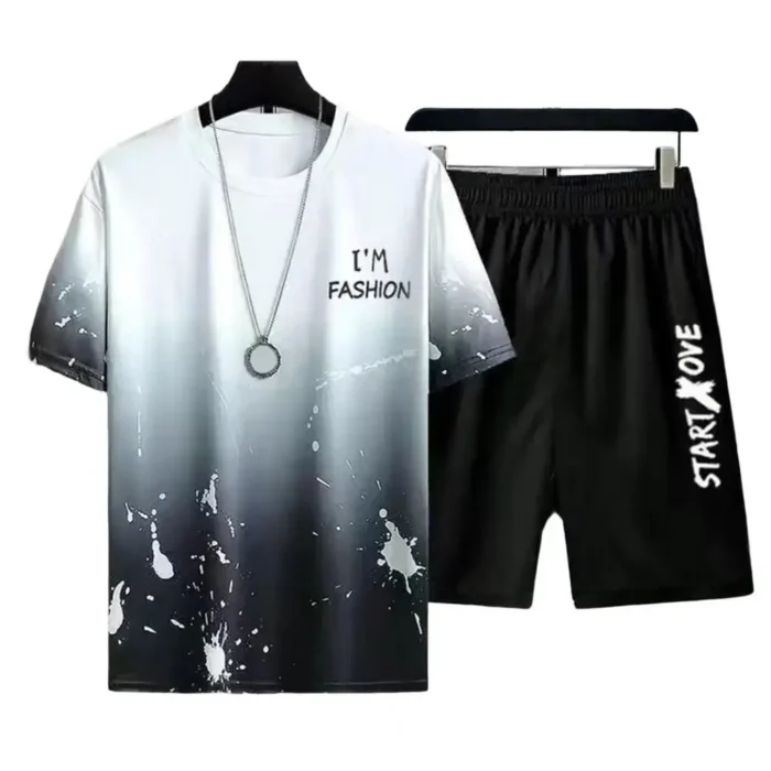 Gradient Color Letter Printed Men's Tracksuit Summer T Shirts And Shorts Two Piece Sets Casual Breathable Round Neck Sports Suit – Bild 2