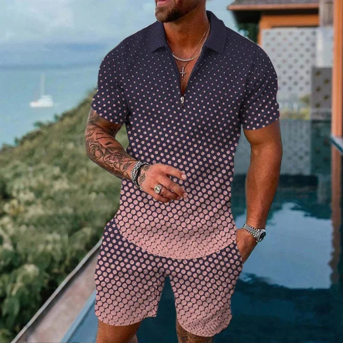 Mens gradient POLO sports suit, fashionable casual zipper shorts two-piece set, mens loose sweater,summer outdoor sportswear2025 – Bild 6