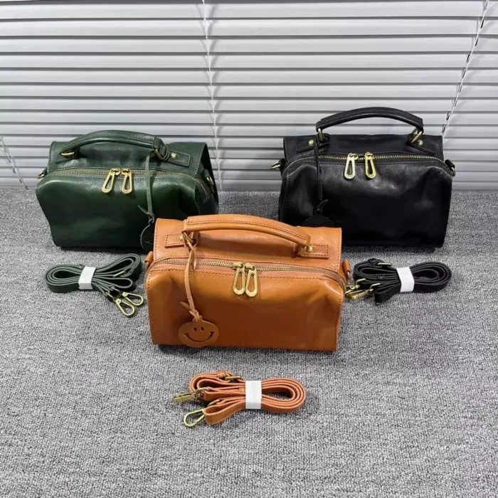 Real Leather Cowhide Women Boston Bag Vintage Tote Handbag Office Ladies Casual Single Shoulder Bag Zipper Crossbody Pillow Bags – Bild 11