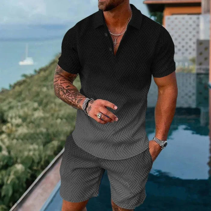 Mens gradient POLO sports suit, fashionable casual zipper shorts two-piece set, mens loose sweater,summer outdoor sportswear2025 – Bild 26