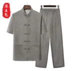 New Chinese Style Men's Tang Suit Sets Short Sleeve Long Pants Tradition Cotton Linen Kung Fu Satin Silk Wu Shu Tai Chi Set – Bild 15