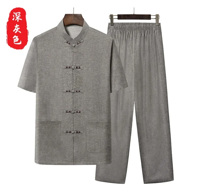 New Chinese Style Men's Tang Suit Sets Short Sleeve Long Pants Tradition Cotton Linen Kung Fu Satin Silk Wu Shu Tai Chi Set – Bild 15