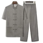 New Chinese Style Men's Tang Suit Sets Short Sleeve Long Pants Tradition Cotton Linen Kung Fu Satin Silk Wu Shu Tai Chi Set