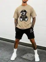 Summer Breathable Sports Suit Men's Loose Shorts Quick Dry T-Shirt Casual Street Shooting Four Pants Bear Letter Print Set – Bild 3