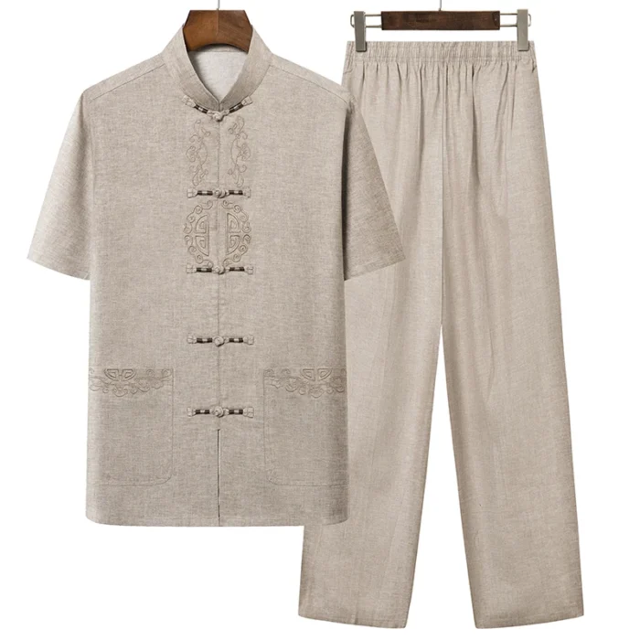 New Chinese Style Men's Tang Suit Sets Short Sleeve Long Pants Tradition Cotton Linen Kung Fu Satin Silk Wu Shu Tai Chi Set – Bild 5