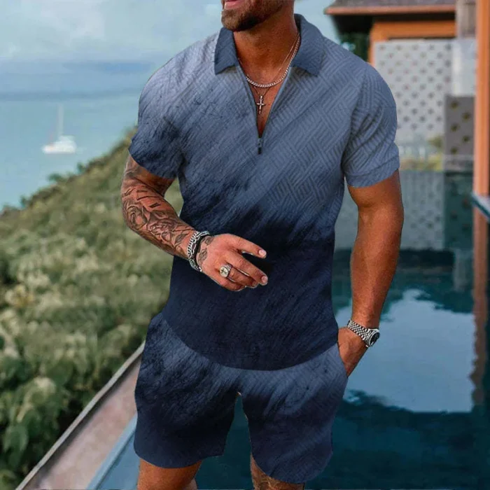 Mens gradient POLO sports suit, fashionable casual zipper shorts two-piece set, mens loose sweater,summer outdoor sportswear2025 – Bild 7