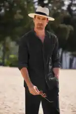 Mens Casual Cotton Linen Two Piece Sets Beach Vintage Basic Shirts and Pants Solid Color Casual Suit Male Hawai Tracksuits Set – Bild 11