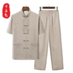 New Chinese Style Men's Tang Suit Sets Short Sleeve Long Pants Tradition Cotton Linen Kung Fu Satin Silk Wu Shu Tai Chi Set – Bild 16