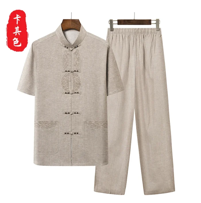 New Chinese Style Men's Tang Suit Sets Short Sleeve Long Pants Tradition Cotton Linen Kung Fu Satin Silk Wu Shu Tai Chi Set – Bild 16