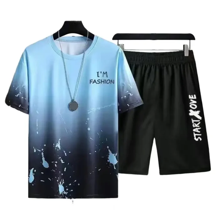 Gradient Color Letter Printed Men's Tracksuit Summer T Shirts And Shorts Two Piece Sets Casual Breathable Round Neck Sports Suit – Bild 1