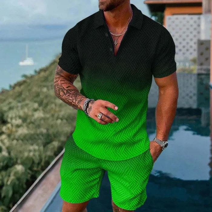 Mens gradient POLO sports suit, fashionable casual zipper shorts two-piece set, mens loose sweater,summer outdoor sportswear2025 – Bild 9