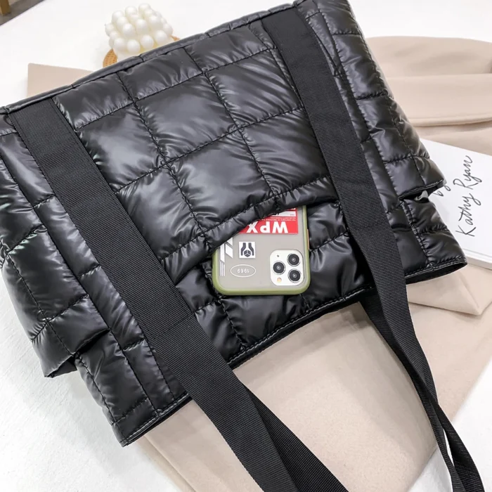 Fashion Checkered Quilted Pure Color Shoulder Bag Women Casual Nylon Handbags – Bild 6