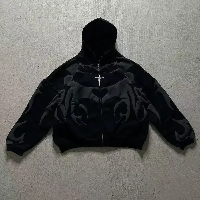 Tiger Gray Sweater Men High Street American Retro Hip Hop Y2K Zipper Hooded Sweater Couple Casual Sweatshirt Unisex Tops NewCoat – Bild 2