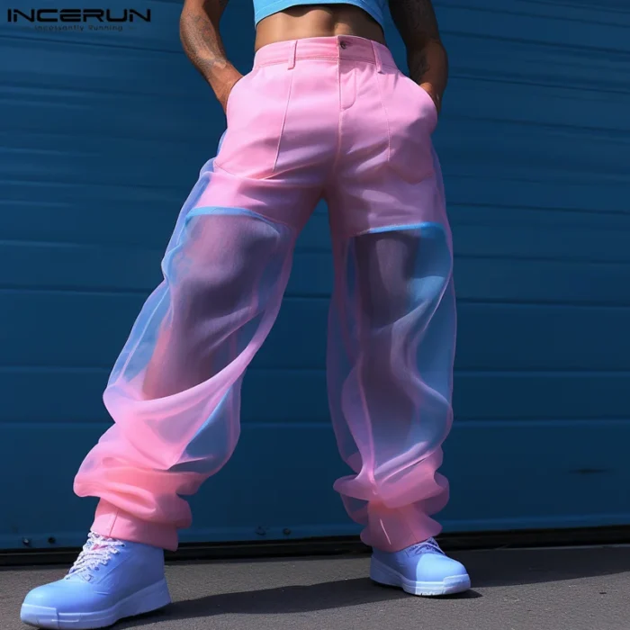 2024 Men's Pants Mesh Patchwork Tie Dye Transparent Joggers Trousers Men Pockets Streetwear Fashion Casual Pants S-5XL INCERUN – Bild 1
