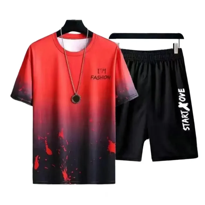 Gradient Color Letter Printed Men's Tracksuit Summer T Shirts And Shorts Two Piece Sets Casual Breathable Round Neck Sports Suit – Bild 3