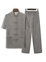 New Chinese Style Men's Tang Suit Sets Short Sleeve Long Pants Tradition Cotton Linen Kung Fu Satin Silk Wu Shu Tai Chi Set – Bild 6