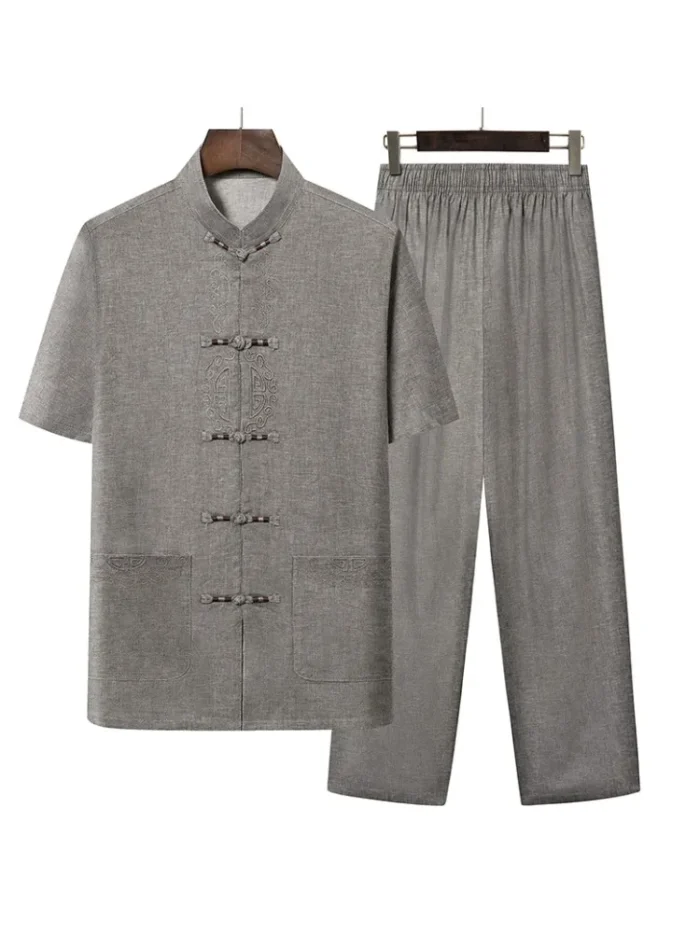 New Chinese Style Men's Tang Suit Sets Short Sleeve Long Pants Tradition Cotton Linen Kung Fu Satin Silk Wu Shu Tai Chi Set – Bild 6