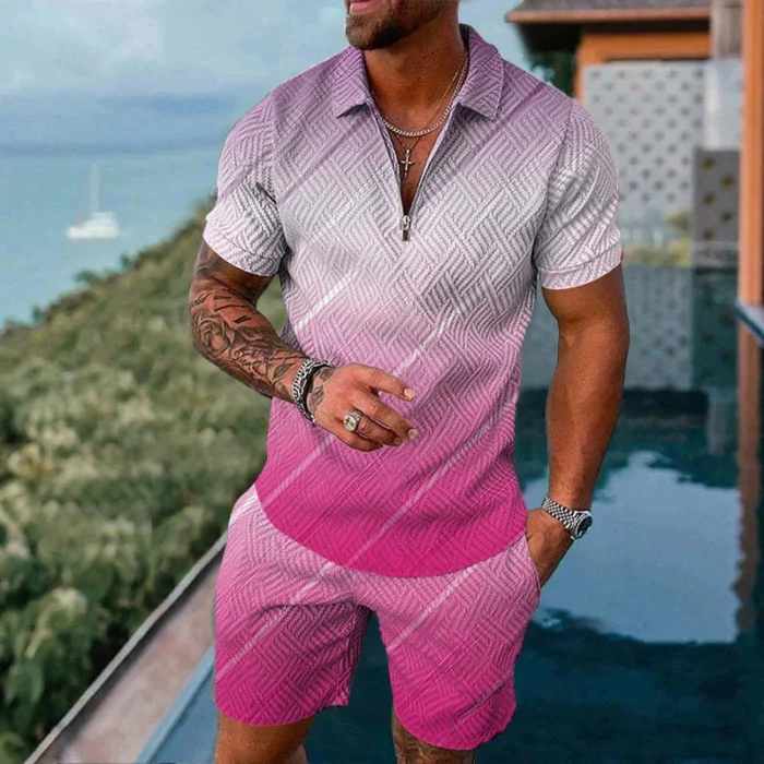 Mens gradient POLO sports suit, fashionable casual zipper shorts two-piece set, mens loose sweater,summer outdoor sportswear2025 – Bild 20
