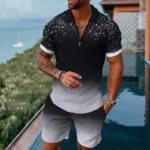 Mens gradient POLO sports suit, fashionable casual zipper shorts two-piece set, mens loose sweater,summer outdoor sportswear2025 – Bild 3