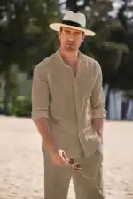 Mens Casual Cotton Linen Two Piece Sets Beach Vintage Basic Shirts and Pants Solid Color Casual Suit Male Hawai Tracksuits Set – Bild 13