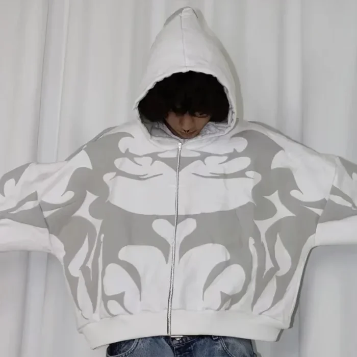 Tiger Gray Sweater Men High Street American Retro Hip Hop Y2K Zipper Hooded Sweater Couple Casual Sweatshirt Unisex Tops NewCoat – Bild 3
