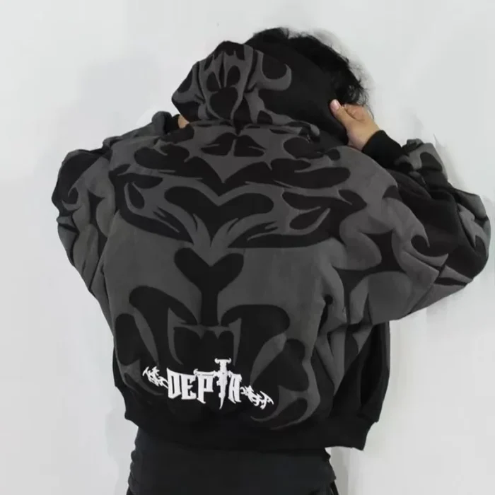 Tiger Gray Sweater Men High Street American Retro Hip Hop Y2K Zipper Hooded Sweater Couple Casual Sweatshirt Unisex Tops NewCoat – Bild 1