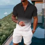 Mens gradient POLO sports suit, fashionable casual zipper shorts two-piece set, mens loose sweater,summer outdoor sportswear2025