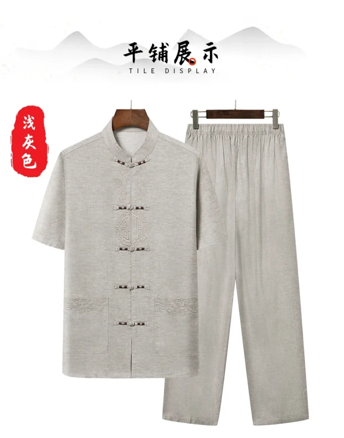 New Chinese Style Men's Tang Suit Sets Short Sleeve Long Pants Tradition Cotton Linen Kung Fu Satin Silk Wu Shu Tai Chi Set – Bild 14