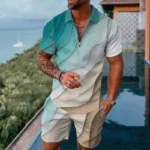 Mens gradient POLO sports suit, fashionable casual zipper shorts two-piece set, mens loose sweater,summer outdoor sportswear2025 – Bild 2