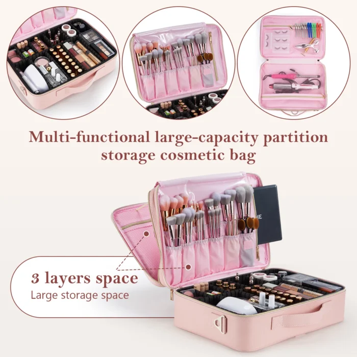Professional Makeup Bag Extra Large Cosmetic Train Case Make Up Brush Organizer Storage Box Manicure Artist Bags with Dividers – Bild 5
