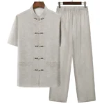 New Chinese Style Men's Tang Suit Sets Short Sleeve Long Pants Tradition Cotton Linen Kung Fu Satin Silk Wu Shu Tai Chi Set – Bild 3