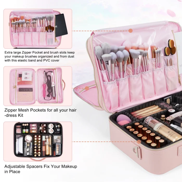 Professional Makeup Bag Extra Large Cosmetic Train Case Make Up Brush Organizer Storage Box Manicure Artist Bags with Dividers – Bild 10