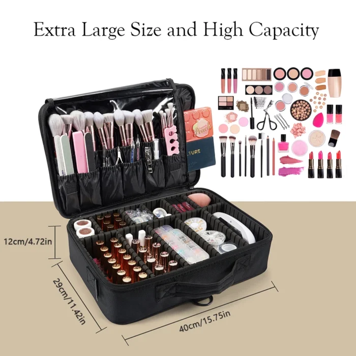 Professional Makeup Bag Extra Large Cosmetic Train Case Make Up Brush Organizer Storage Box Manicure Artist Bags with Dividers – Bild 17