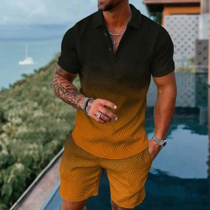 Mens gradient POLO sports suit, fashionable casual zipper shorts two-piece set, mens loose sweater,summer outdoor sportswear2025 – Bild 27