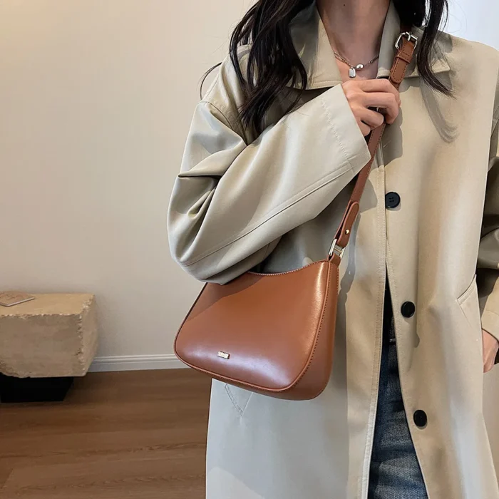 PU Leather Fashion Sling Bag Large Capacity Women Daily Shoulder Bag Solid Color Vintage Simple Daily Bags – Bild 16