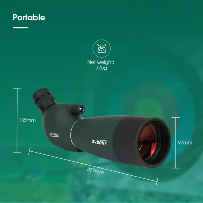 Optisches Zielgerät mit kompaktem Design, Gewicht 775g, 135mm Höhe, 377mm Länge und 97mm Durchmesser – perfekt für präzise Beobachtungen und Outdoor-Aktivitäten.
