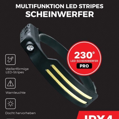 Schwarz und rot BEAMPRO LED-Scheinwerfer mit 230° Beleuchtungswinkel, multifunktional, wetterfest IPX4, für professionelle Beleuchtung und Sicherheitsanwendungen.