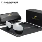 Edle Kingseven Sonnenbrille mit schwarzem Rahmen und spiegelnden Gläsern, inklusive Etui und Reinigungstuch für stilvollen Sonnenschutz.