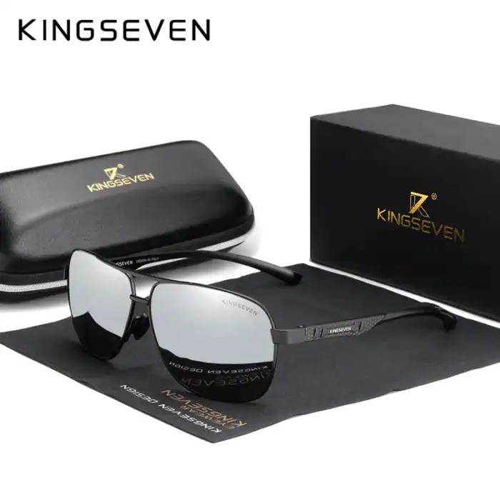 Edle Kingseven Sonnenbrille mit schwarzem Rahmen und spiegelnden Gläsern, inklusive Etui und Reinigungstuch für stilvollen Sonnenschutz.