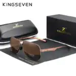 Modische KINGSEVEN Sonnenbrille mit braunen Gläsern und eleganter roségoldener Rahmen, inklusive Etui und Originalverpackung für stilvollen Sonnenschutz.