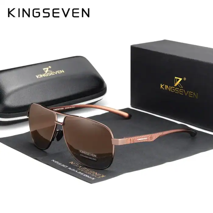 Modische KINGSEVEN Sonnenbrille mit braunen Gläsern und eleganter roségoldener Rahmen, inklusive Etui und Originalverpackung für stilvollen Sonnenschutz.