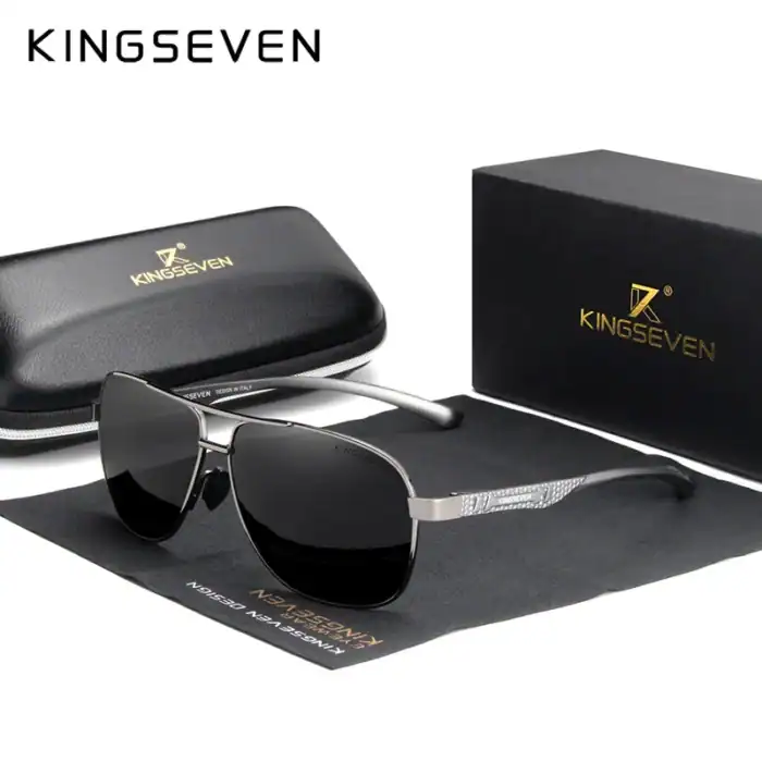 Elegante KINGSEVEN Sonnenbrille mit dunklen Gläsern, softcase und Verpackung, perfekt für stilbewusste Männer. Hochwertiges Design und UV-Schutz, ideal für den Mode- und Sonnenschutz.