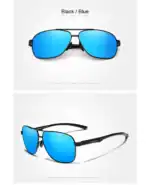 Stylische schwarze Sonnenbrille mit blauen Gläsern, ideal für Mode und UV-Schutz. Perfekt für Sommer, Reisen und Outdoor-Aktivitäten.