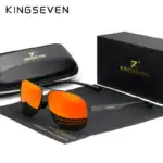 Hochwertige KINGSEVEN Sonnenbrille mit orange reflektierenden Gläsern, inklusive Etui und Verpackung, ideal für stilvollen Sonnenschutz und Retro-Design.